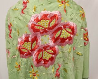 1920 ' s Flapper EMBROIDERED SILK PIANO SHAWL Vibrant Flowers Birds Long Fringe 4
