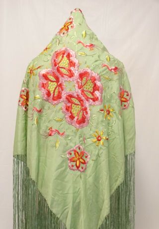 1920 ' s Flapper EMBROIDERED SILK PIANO SHAWL Vibrant Flowers Birds Long Fringe 7
