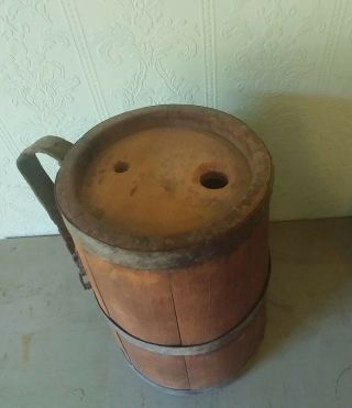 Antique Primitive Wood Water Jug Firkin Measure Leather Strap Bucket Farm Aafa