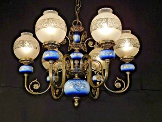 Antique Victorian Pewter Finish 1950s Repo Gaslight Glass Globes Blue Porcelain