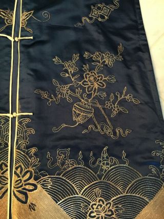 VTG BLUE CHINESE SILK MANDARIN ROBE DRESS GOLD & SILVER EMBROIDERED NOS TAG MED. 10
