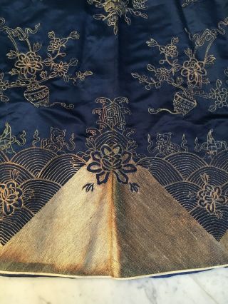 VTG BLUE CHINESE SILK MANDARIN ROBE DRESS GOLD & SILVER EMBROIDERED NOS TAG MED. 12