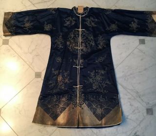 Vtg Blue Chinese Silk Mandarin Robe Dress Gold & Silver Embroidered Nos Tag Med.