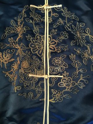 VTG BLUE CHINESE SILK MANDARIN ROBE DRESS GOLD & SILVER EMBROIDERED NOS TAG MED. 5