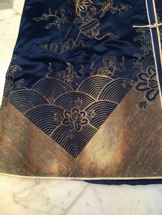 VTG BLUE CHINESE SILK MANDARIN ROBE DRESS GOLD & SILVER EMBROIDERED NOS TAG MED. 6