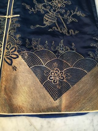 VTG BLUE CHINESE SILK MANDARIN ROBE DRESS GOLD & SILVER EMBROIDERED NOS TAG MED. 7