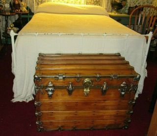 ANTIQUE STEAMER TRUNK VINTAGE HENRY LIKLY FLAT TOP WOOD CHEST TRAY & KEY C189OS 12