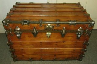 Antique Steamer Trunk Vintage Henry Likly Flat Top Wood Chest Tray & Key C189os