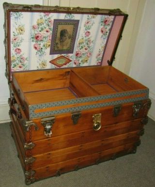 ANTIQUE STEAMER TRUNK VINTAGE HENRY LIKLY FLAT TOP WOOD CHEST TRAY & KEY C189OS 2