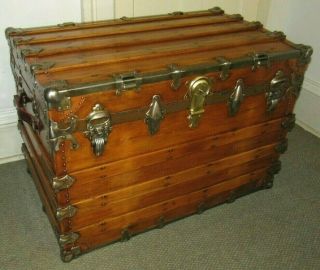 ANTIQUE STEAMER TRUNK VINTAGE HENRY LIKLY FLAT TOP WOOD CHEST TRAY & KEY C189OS 3