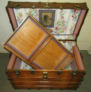 ANTIQUE STEAMER TRUNK VINTAGE HENRY LIKLY FLAT TOP WOOD CHEST TRAY & KEY C189OS 4