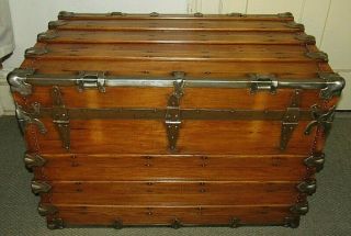 ANTIQUE STEAMER TRUNK VINTAGE HENRY LIKLY FLAT TOP WOOD CHEST TRAY & KEY C189OS 7