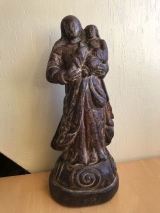 Antique Hand Carved Painted Wood Figure Virgin Mary & Jesus Chid Statue 11.  75in