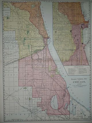 Vintage 1898 Chicago Railway Terminal Map Old Antique Large Map