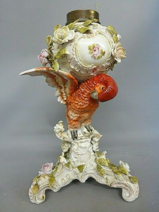 Rare Sitzendorf Miniature Porcelain Macaw Parrot Oil Lamp