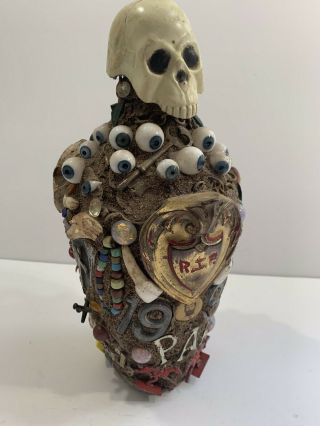 American Folk Art Mourning Memory Jug Dated 1938 With Skull Glass Eyes & Teeth 7