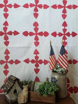 Early C1880 - 1910 Antique " Double Heart " Red & White Applique Quilt