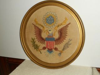 Antique 19thc Wool Needlework Great Seal Of The United States Round Gesso Frame