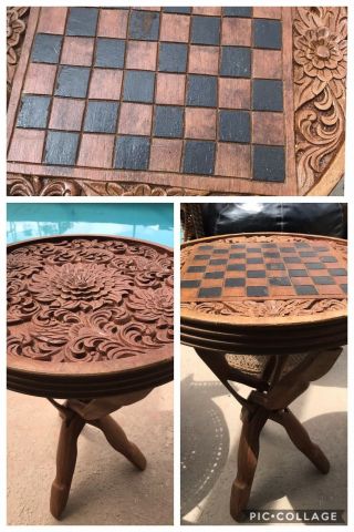Vintage Hand Carved Accent Table Checker Board 2 Piece 2 Sided Boho Decor 11