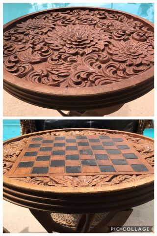 Vintage Hand Carved Accent Table Checker Board 2 Piece 2 Sided Boho Decor