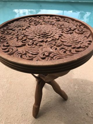 Vintage Hand Carved Accent Table Checker Board 2 Piece 2 Sided Boho Decor 2