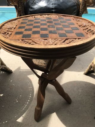 Vintage Hand Carved Accent Table Checker Board 2 Piece 2 Sided Boho Decor 3