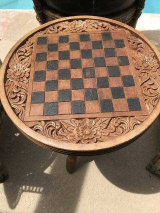Vintage Hand Carved Accent Table Checker Board 2 Piece 2 Sided Boho Decor 8
