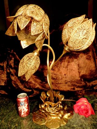 Unique Antique 23 " T Brass Filigree Lily Tulip 3 Light Lamp Water Lily Base Rare