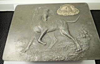 Antique Tobacco Jar Metal Humidor Box With Hunting Scene W/ Maria Zell Signboard