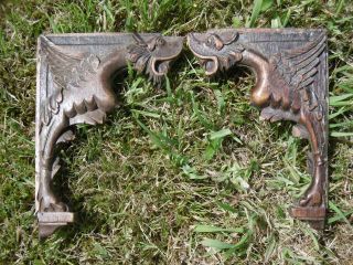Pr 19thc ARCHITECTURAL GOTHIC OAK CARVED WINGED GRIFFIN BRACKETS C.  1860 10