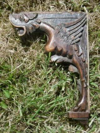 Pr 19thc ARCHITECTURAL GOTHIC OAK CARVED WINGED GRIFFIN BRACKETS C.  1860 11