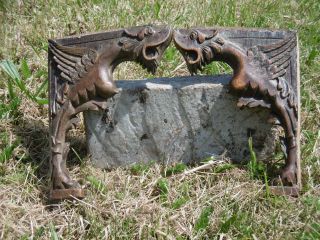 Pr 19thc ARCHITECTURAL GOTHIC OAK CARVED WINGED GRIFFIN BRACKETS C.  1860 12