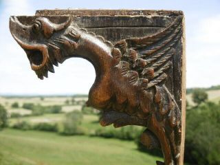 Pr 19thc ARCHITECTURAL GOTHIC OAK CARVED WINGED GRIFFIN BRACKETS C.  1860 4