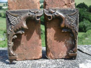 Pr 19thc ARCHITECTURAL GOTHIC OAK CARVED WINGED GRIFFIN BRACKETS C.  1860 6