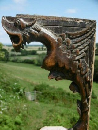 Pr 19thc ARCHITECTURAL GOTHIC OAK CARVED WINGED GRIFFIN BRACKETS C.  1860 8