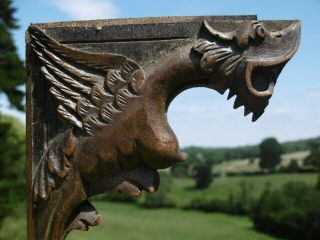 Pr 19thc ARCHITECTURAL GOTHIC OAK CARVED WINGED GRIFFIN BRACKETS C.  1860 9