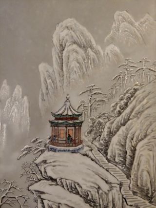Antique Chinese Porcelain Tile Plaque Winter Pagoda Scene Republic Era Painting 2