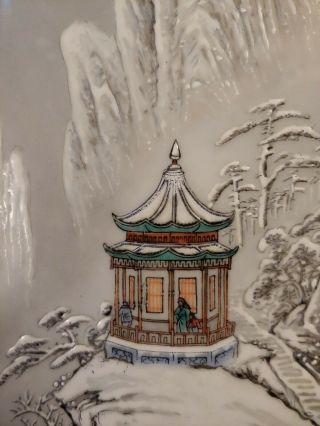 Antique Chinese Porcelain Tile Plaque Winter Pagoda Scene Republic Era Painting 4