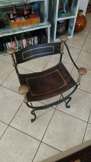 Antique Savonarola Emperors Chair - Italian Leather/brass/iron