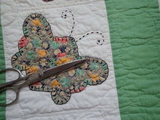 VINTAGE 30s Green & White Applique Butterfly QUILT Provenance 11