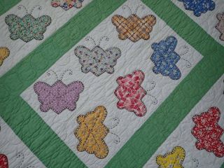 VINTAGE 30s Green & White Applique Butterfly QUILT Provenance 12