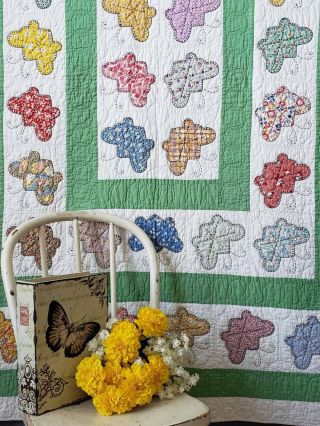 Vintage 30s Green & White Applique Butterfly Quilt Provenance