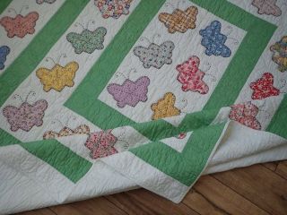 VINTAGE 30s Green & White Applique Butterfly QUILT Provenance 6