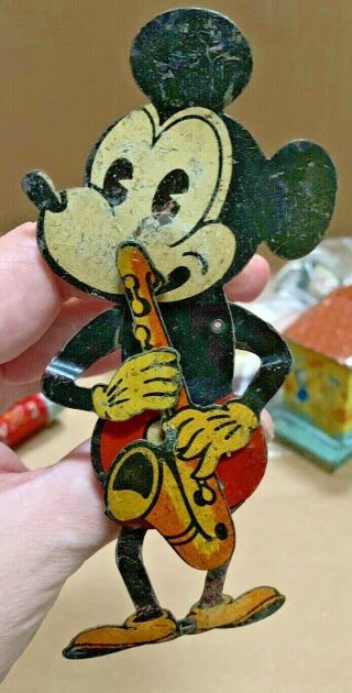 Early 1930 ' s MICKEY MOUSE W SAXOPHONE MECHANICAL TIN TOY GERMANY DISNEY 3