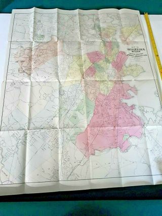 Large 1888 Boston City Plan Map Railways Colored Trains Railroads