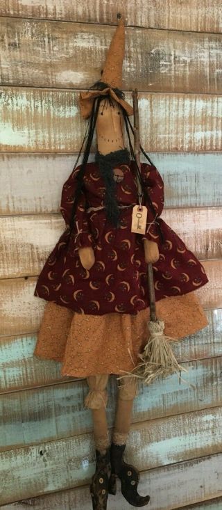 Primitive Folk Art Large Witch Doll With Broom Halloween Fall 49 " Tall