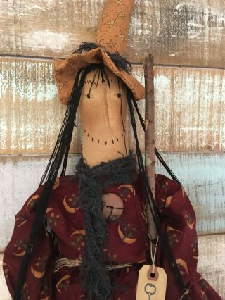 Primitive Folk ARt Large Witch doll with Broom Halloween Fall 49 