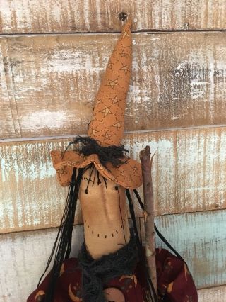 Primitive Folk ARt Large Witch doll with Broom Halloween Fall 49 