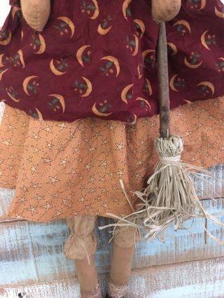 Primitive Folk ARt Large Witch doll with Broom Halloween Fall 49 