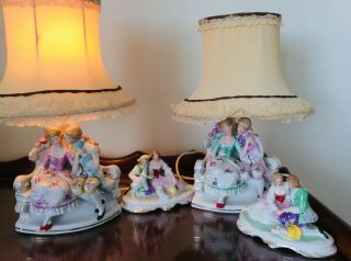 Two Antique Dresden Lamps Porcelain & Two Figurines Courting Couple.  Germany